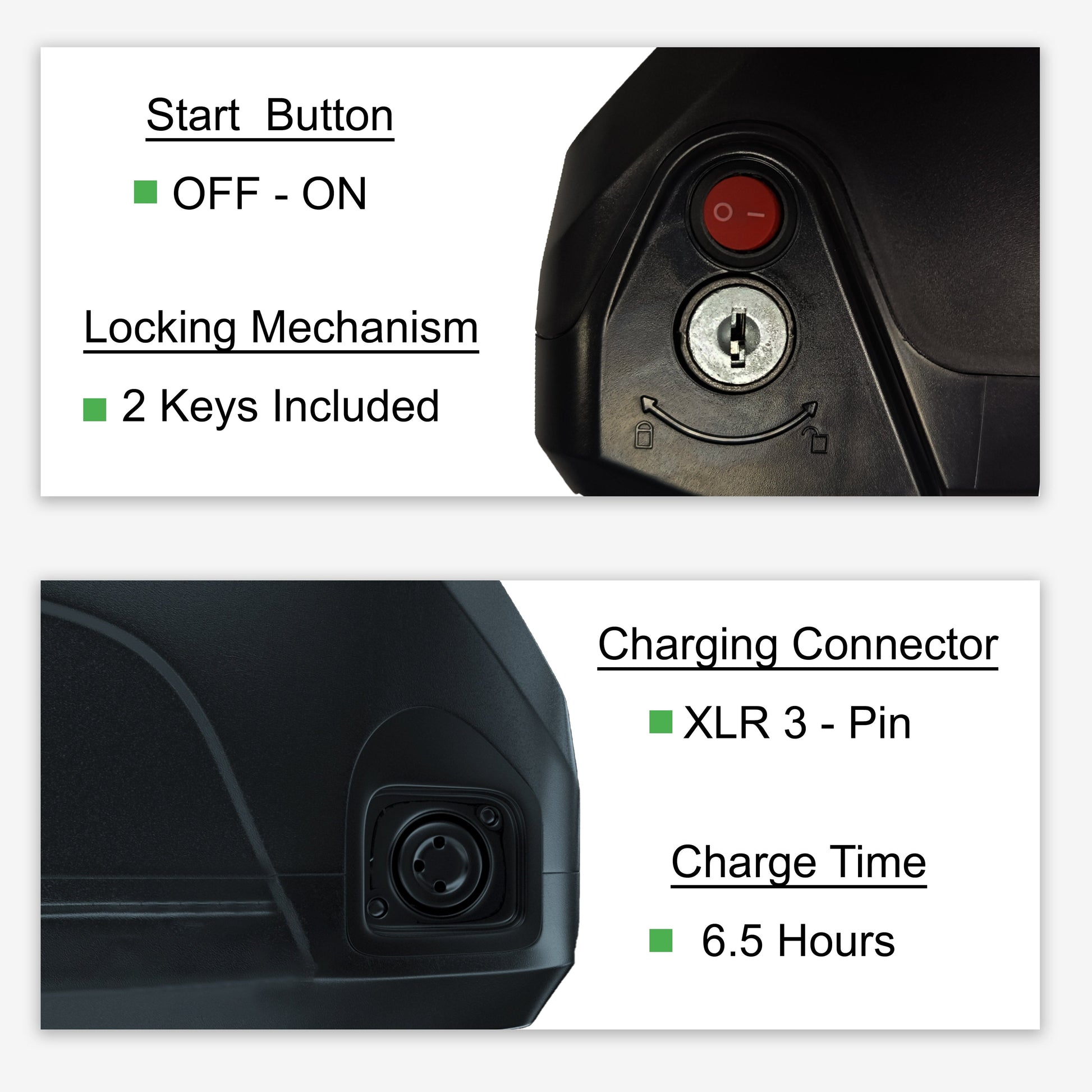 Large battery for ebike locking mechanism and charging connector